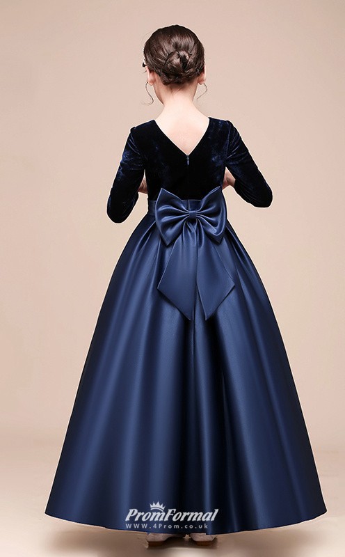 Affordable Navy Blue Jewel Junior Bridesmaid Dress Ankle length Pageant Dress With Bows BCH051 BCH051 32
